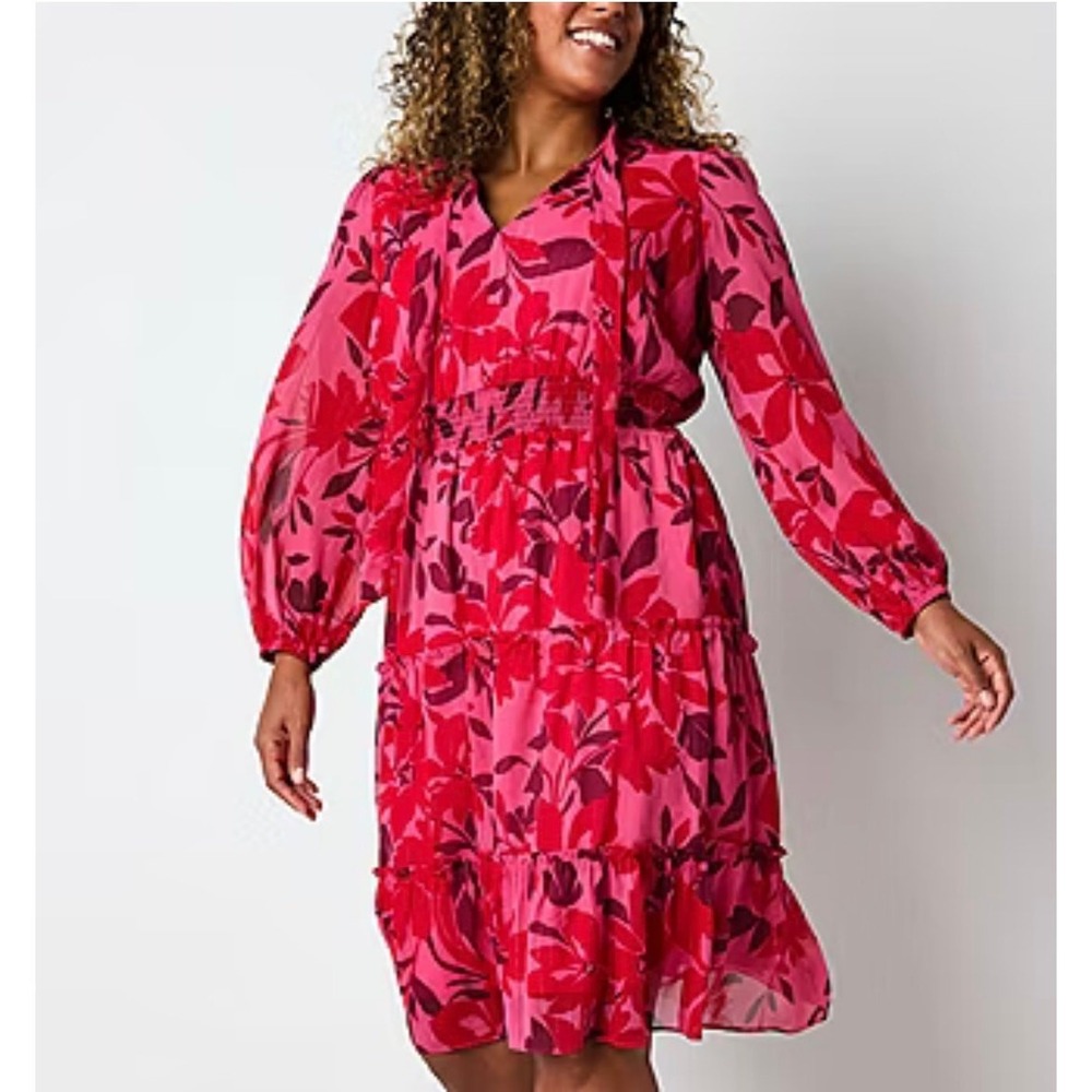 Liz Claiborne NEW Floral Dress-sz 6-long sleeve, lightweight, tie neck,‎ smocked